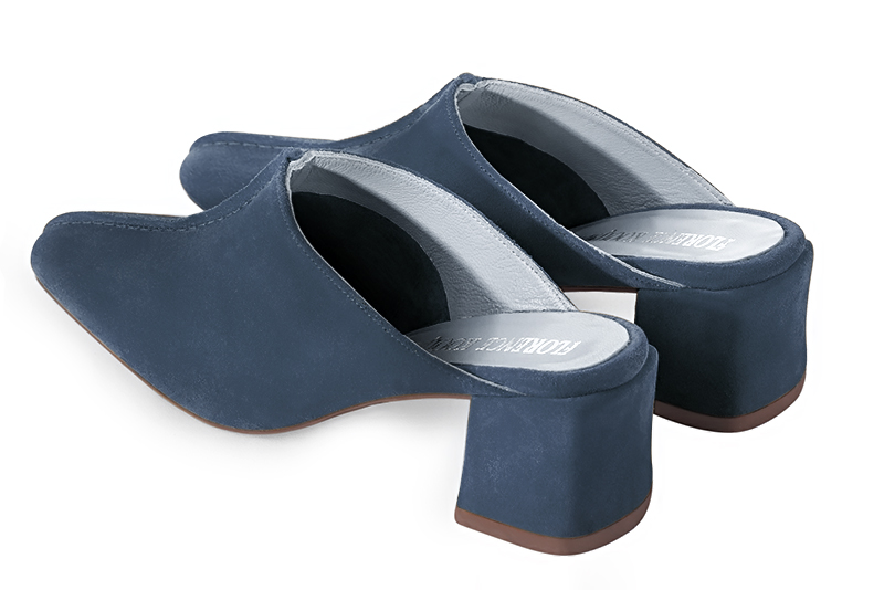 Denim blue women's clog mules. Square toe. Medium block heels. Rear view - Florence KOOIJMAN